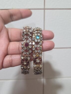 Elegant Gold-Tone Crystal Floral Bangle Set with Red and Blue Accents